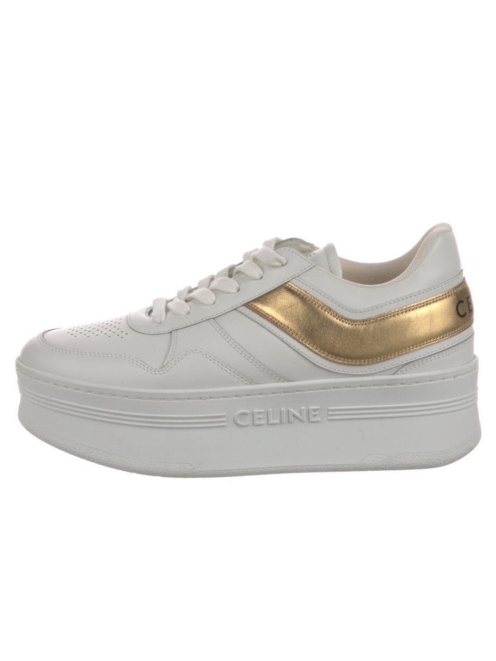 Celine White Leather Platform Sneakers with Gold Stripe